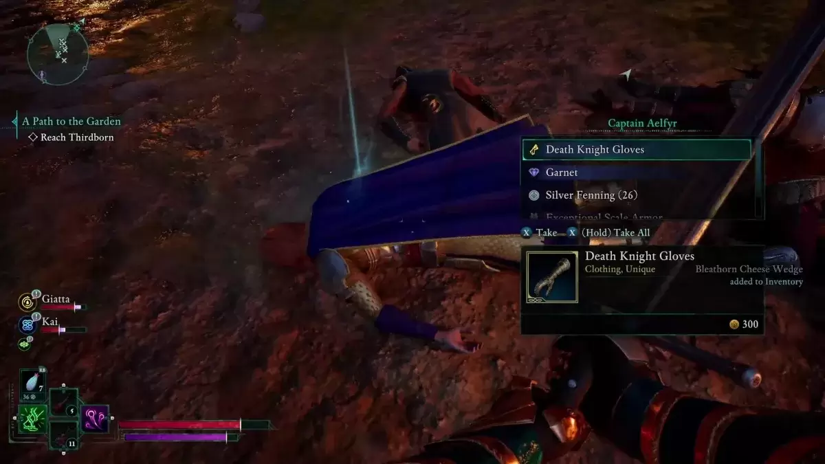 The Death Knight Gloves and other rewards obtained by killing Captain Aelfyr in Avowed during 